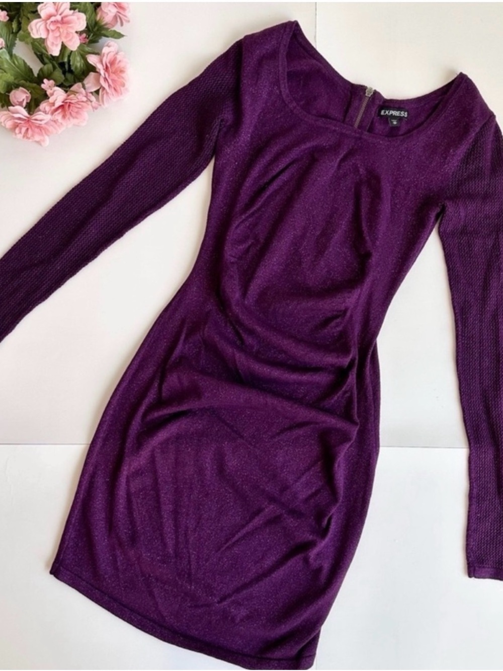 Express Plum Purple Metallic Ruched Bodycon Mini Dress M Y2K